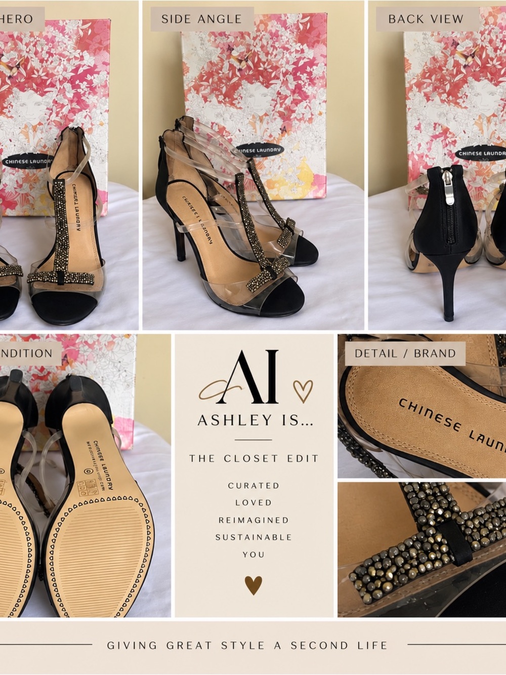 Chinese Laundry Black and Beige T-Strap Rhinestone Heels